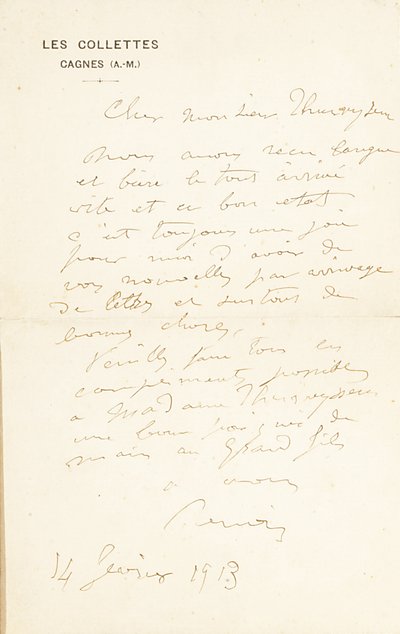Lettera autografa firmata al Dr. Fritz Thurneyssen, Parigi e Les Collettes, 24 giugno 1908 da Pierre Auguste Renoir