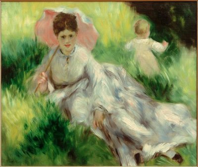 Donna con ombrello e bambino su una collina soleggiata da Pierre Auguste Renoir