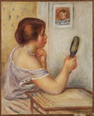 Gabrielle con uno specchio o Marie Dupuis con uno specchio con un ritratto di Coco, primi anni 1900 da Pierre Auguste Renoir
