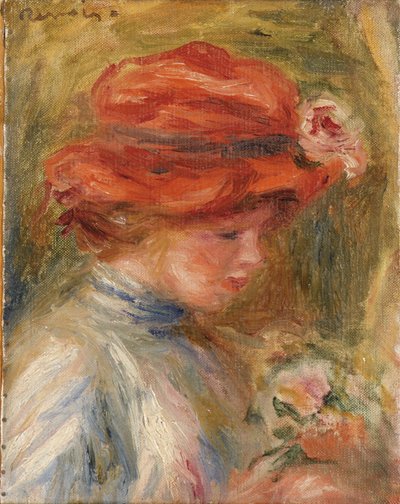 Giovane donna con cappello rosso da Pierre Auguste Renoir