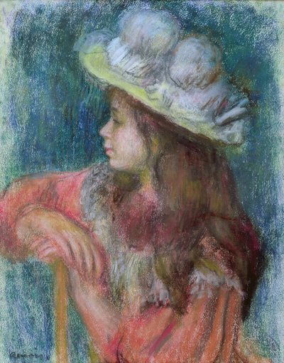 Giovane ragazza seduta con un cappello bianco, 1884 da Pierre Auguste Renoir