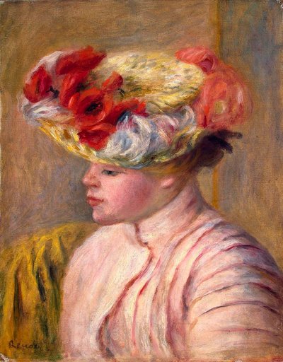 Giovane donna con cappello fiorito da Pierre Auguste Renoir