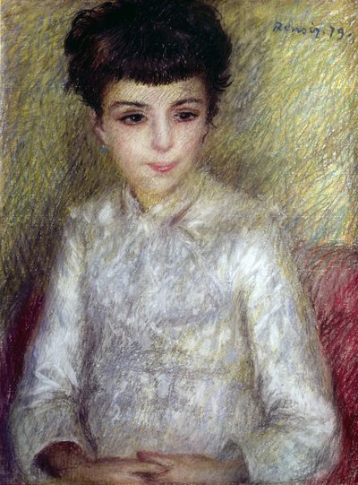 Giovane ragazza bruna seduta con le mani incrociate da Pierre Auguste Renoir