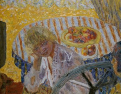 Giovane donna con tovaglia a righe da Pierre Bonnard