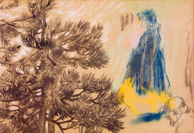 Foglio di studio: albero di pino, ragazza con mantello con cappuccio, ritratto di un uomo da Pierre Bonnard