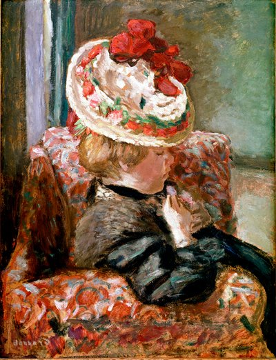 La donna con il cappello di paglia seduta su un divano di fiori da Pierre Bonnard