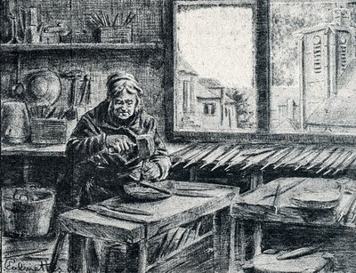 Un operaio che fabbrica lime, incisione di Pierre Calmette, collezione privata da Pierre Calmettes