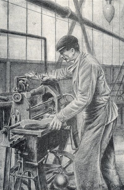 Taglio dei calci dei fucili in una fabbrica di armi Incisione di Pierre Calmette Collezione privata da Pierre Calmettes