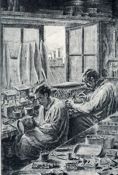Operai parigini che fabbricano giocattoli, incisione di Pierre Calmette, collezione privata da Pierre Calmettes