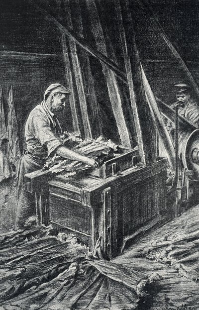 Peausserie, le corroyage: lavorazione della pelle, ammorbidimento delle pelli animali in un fuller. Incisione dalla collezione privata di Pierre Calmette da Pierre Calmettes