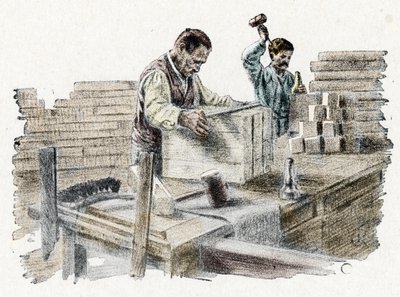 Savonnerie: il taglio delle saponette (produzione di saponette) Incisione da "Excursion a travers les metiers" di Pierre Calmette Collezione privata da Pierre Calmettes