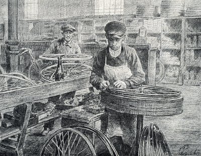 Operai che fissano i raggi ai cerchi di una bicicletta durante la sua fabbricazione. Incisione dalla collezione privata di Pierre Calmette da Pierre Calmettes