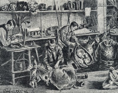 Laboratorio di produzione di accessori per teatro e spettacoli, Incisione da Pierre Calmette, Collezione Privata da Pierre Calmettes
