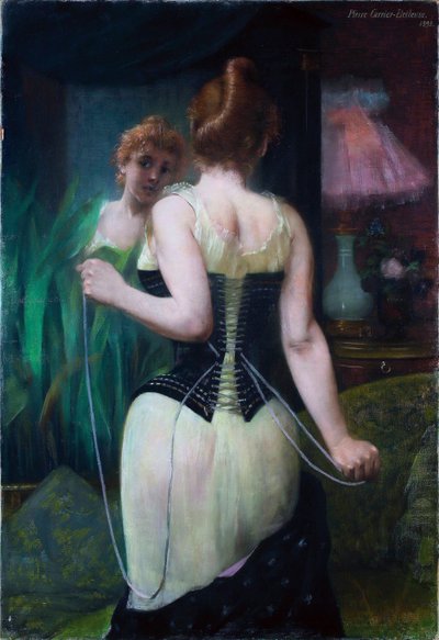 Giovane donna che aggiusta il corsetto da Pierre Carrier Belleuse