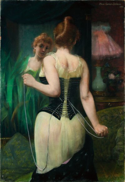 Giovane donna che aggiusta il suo corsetto, 1893 da Pierre Carriere Belleuse