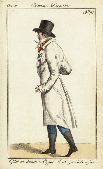Giovane dandy in cappotto da cavaliere, gilet di piumino di cigno da Pierre Charles Baquoy