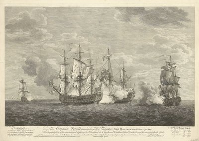 Attacco di una nave inglese a tre navi francesi presso Saint Eustatius, 1758 da Pierre Charles Canot