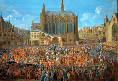 Il re Luigi XV (1710-1774) lascia il letto di giustizia tenuto al Palais de Justice di Parigi il 12/09/1715. La Sainte Chapelle è visibile. Dipinto a gouache di Pierre Denis Martin (1715). Parigi, Museo Carnavalet da Pierre Denis Martin
