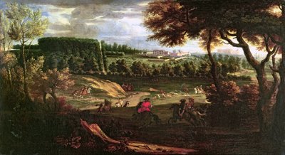 Luigi XIV (1638-1715) a caccia a Marly con una vista del Château Vieux de Saint Germain da Pierre Denis Martin