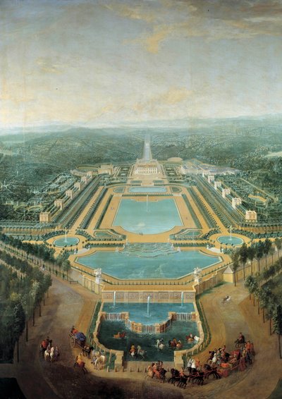Veduta prospettica del castello di Marly, il re Luigi XV bambino in carrozza passa davanti all