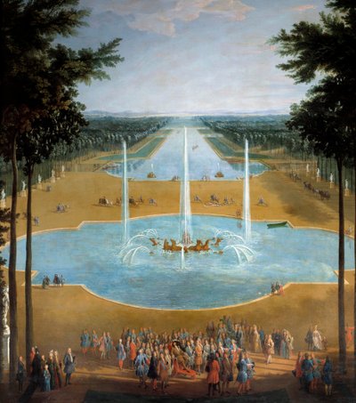 Veduta della vasca di Apollo e del Grand Canal di Versailles nel 1713, in primo piano: Re Luigi XIV (1638-1715) in passeggiata intorno al 1713 (dettaglio) da Pierre Denis Martin