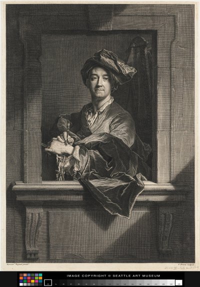Incisione del Ritratto di Hyacinth Rigaud di se stesso, fine XVII secolo-XVIII secolo da Pierre Imbert Drevet