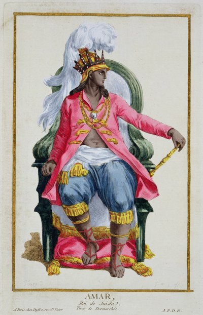 Amar, re di Ouidah, da "Receuil des Estampes, representant les Rangs et les Dignites, suivant le Costume de toutes les Nations existantes", pubblicato nel 1780 (incisione colorata a mano) da Pierre Duflos