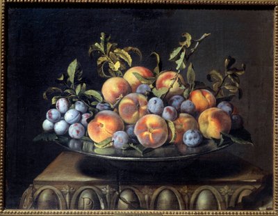 Pesche e prugne in un piatto di latta da Pierre Dupuis