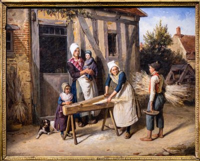 La famiglia del contadino (Contadini intenti a preparare la canapa davanti alla porta di un casolare) da Pierre Duval Le Camus