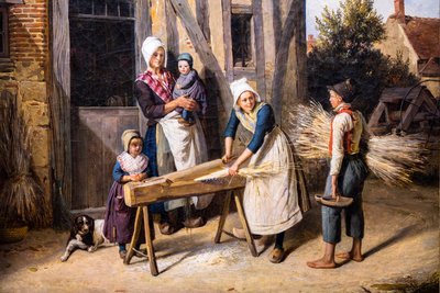 La famiglia del contadino (Contadini intenti a preparare la canapa davanti alla porta di un casolare) da Pierre Duval Le Camus