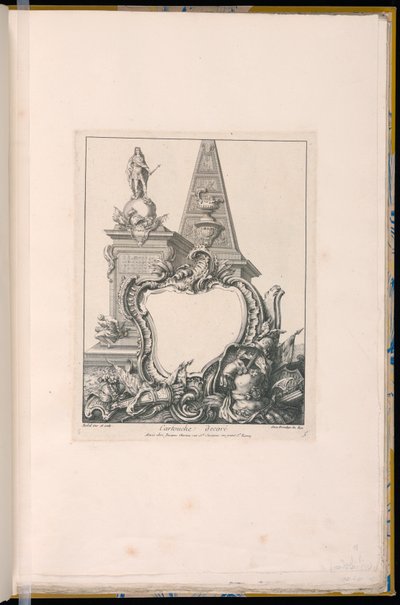 Cartiglio con trofei, una statua e una piramide da Pierre Edme Babel