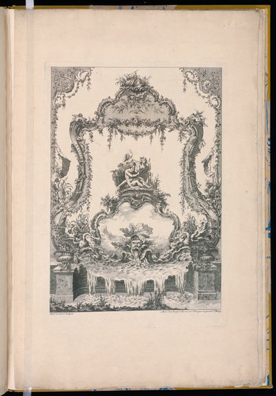 Pannello ornamentale con un doppio cartiglio che mostra un dio del fiume, una ninfa e una fontana da Pierre Edme Babel