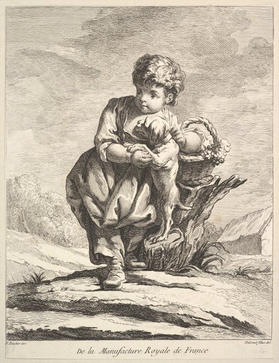 Bambino con un cane, che tiene un cesto di uva, da Premier Livre de Figures da Pierre Etienne Falconet