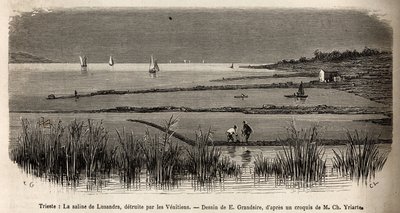 La salina di Lusandra, nei pressi di Trieste, incisione di E. Grandsire per illustrare il viaggio in Istria e Dalmazia, 1874, di Charles Yriarte da Pierre Eugene Grandsire