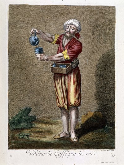 Venditore di caffè per le strade, "Collezione di 100 stampe che rappresentano diverse nazioni del Levante nel 1707 e 1708" per ordine di M. de Frriol, ambasciatore del re alla Porta e aggiornato nel 1712-13 a cura di M. Le Hay, incisore Basan, Parigi da Pierre François Basan
