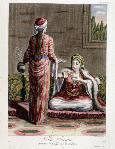 Ragazza turca che prende il caffè sul divano, "Collezione di 100 stampe che rappresentano diverse nazioni del Levante nel 1707 e 1708" per ordine di M. de Frriol, ambasciatore del re alla Porta e aggiornato nel 1712-13 a cura di M. Le Hay, Basan da Pierre François Basan