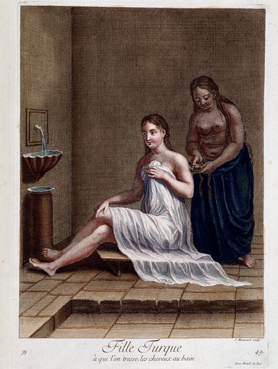 Ragazza turca a cui vengono intrecciati i capelli nel bagno - in "Collezione di 100 stampe che rappresentano diverse nazioni del Levante nel 1707 e 1708" per ordine di M. de Frriol, ambasciatore del re alla Porta e aggiornato nel 1712-13 a cura di M. Le Ha da Pierre François Basan