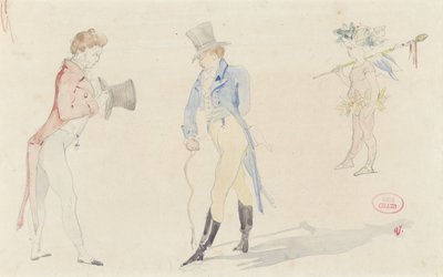 Leggero foglio di schizzi con due dandy che si incontrano e un balletto-amore da Pierre François Eugène Giraud