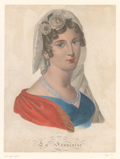 Donna francese con orecchino di pietra preziosa blu, velo bianco e rose nei capelli (La Française) da Pierre François Isidore Dècle