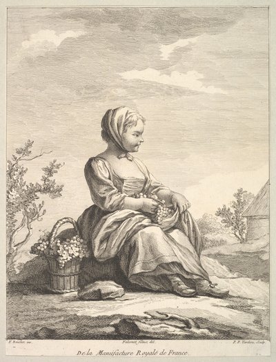 Bambina che tiene uva con un cesto di uva accanto a lei, dal Deuxième Livre de..., dopo il 1757 da Pierre François Tardieu