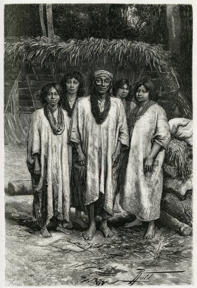 Capo Lacandon e tipi Lacandon, popolo Maya che vive nelle giungle del Chiapas (Messico). Incisione di P. Fritel, per illustrare la storia 