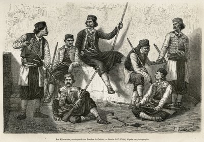 I Krivosciani, montanari delle Bocche di Cattaro (o Kotor, baia sulla costa occidentale del Montenegro), armati per resistere alla forza di invasione delle truppe austriache. Incisione dal disegno di P. Fritel da Pierre Fritel