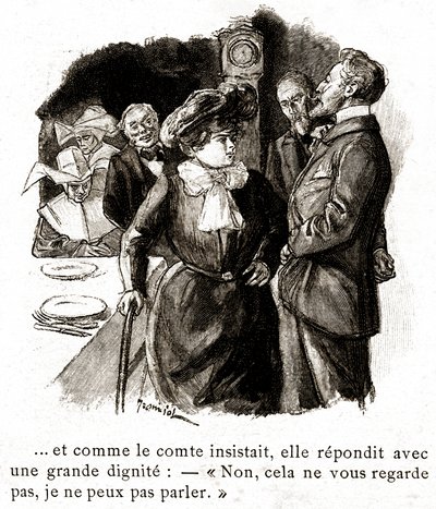 "Boule de Suif": Elisabeth Rousset si rifiuta di rispondere al conte, inizio del XX secolo (illustrazione) da Pierre Georges Jeanniot