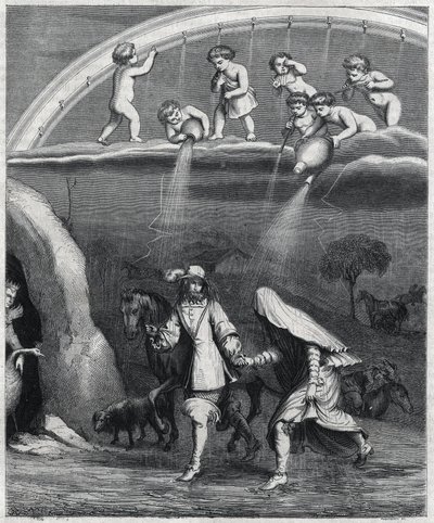 Enea e Didone sorpresi dalla pioggia nella foresta. Illustrazione di "Virgilio travestito" di Paul Scarron (1610-1660), una parodia dell