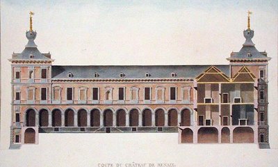 Sezione trasversale del castello di Ronse, Belgio, da Choix des Monuments, Edifices et Maisons les plus remarquables du Royaume des Pays-Bas di Pierre Jacques Goetghebuer, pubblicato 1827 da Pierre Jacques Goetghebuer