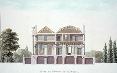 Sezione trasversale del castello di Wannagem, vicino a Oudenarde, Belgio, da Choix des Monuments, Edifices et Maisons les plus remarquables du Royaume des Pays-Bas di Pierre Jacques Goetghebuer, pubblicato 1827 da Pierre Jacques Goetghebuer