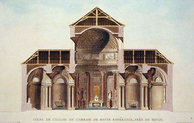 Sezione trasversale della chiesa abbaziale di Bonne Esperance, vicino a Binche, Belgio, da 