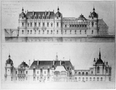 Progetto per la ricostruzione della facciata nord e della facciata del Petit Chateau del Chateau de Chantilly, 1875 da Pierre Jerome Honore Daumet