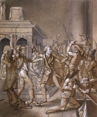 Alexandre Lenoir si oppone ai rivoluzionari quando vogliono distruggere la tomba del re francese Luigi XII alla basilica reale di Saint Denis nel 1793, al tempo della rivoluzione francese da Pierre Joseph Lafontaine