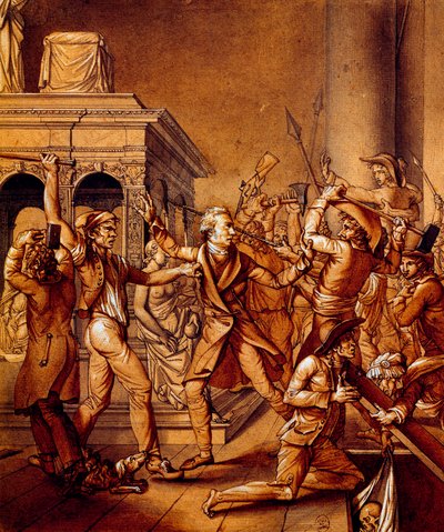 Alexandre Lenoir si oppone ai rivoluzionari quando vogliono distruggere la tomba del re francese Luigi XII alla basilica reale di Saint Denis nel 1793, al tempo della rivoluzione francese da Pierre Joseph Lafontaine